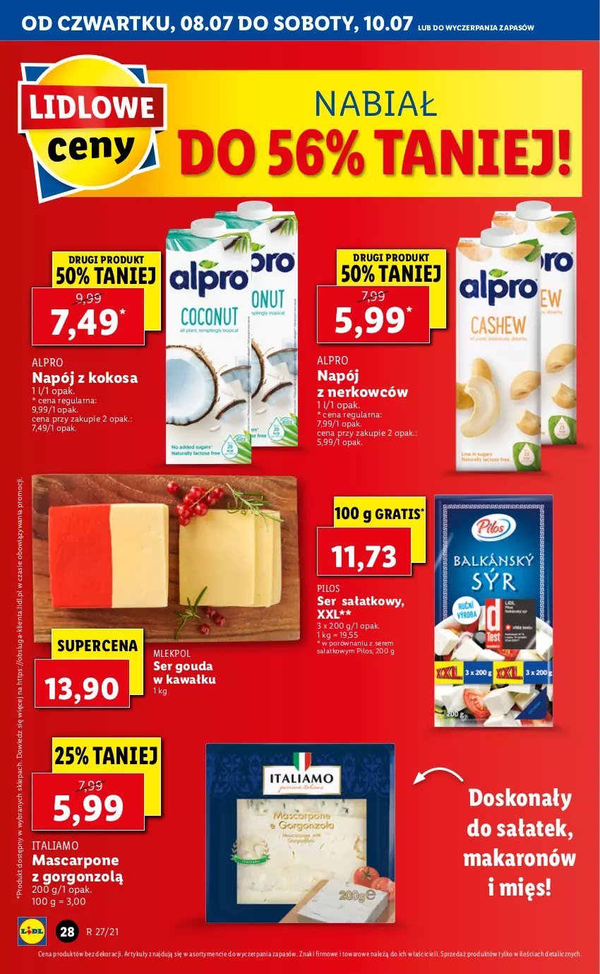 Gazetka promocyjna Lidl - GAZETKA - ważna 08.07 do 10.07.2021 - strona 28 - produkty: Alpro, Gouda, Gra, Kawa, Kokos, Makaron, Mascarpone, Napój, Pilos, Por, Sałat, Ser