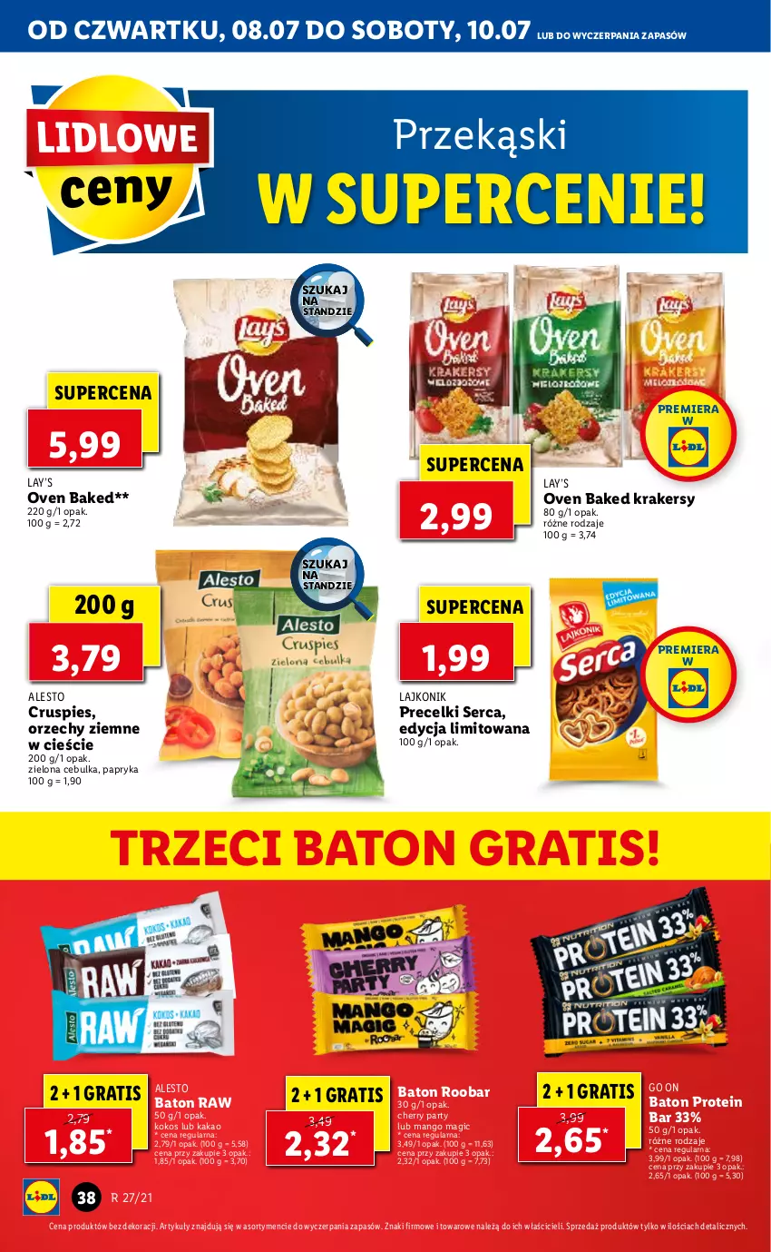 Gazetka promocyjna Lidl - GAZETKA - ważna 08.07 do 10.07.2021 - strona 38 - produkty: Baton, Gra, Kakao, Kokos, Krakersy, Lajkonik, Lay’s, Mango, Papryka, Precelki, Ser