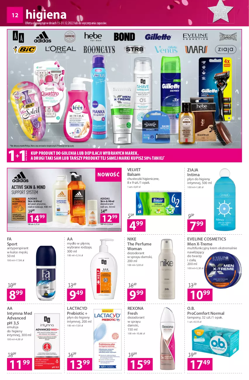 Gazetka promocyjna Hebe - Gazetka - ważna 15.12 do 31.12.2022 - strona 12 - produkty: Adidas, Antyperspirant, Chusteczki, Dezodorant, Emulsja, Eveline, Fa, Lactacyd, Mydło, Mydło w płynie, Nike, Nivea, O.B., Perfum, Philips, Płyn do higieny intymnej, Por, Rexona, Sport, Tampony, Velvet, Ziaja