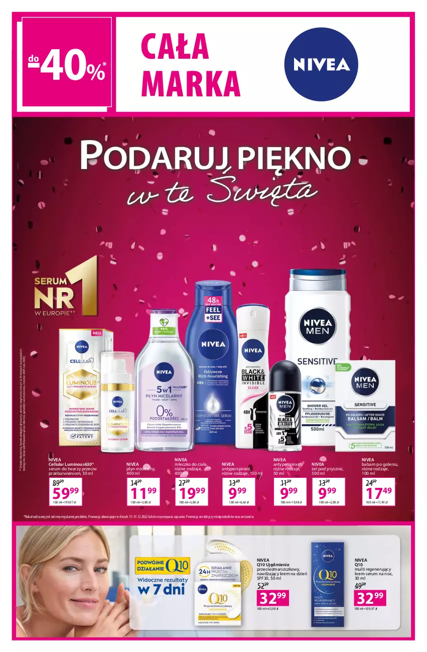 Gazetka promocyjna Hebe - Gazetka - ważna 15.12 do 31.12.2022 - strona 15 - produkty: Antyperspirant, Balsam po goleniu, Krem na dzień, Mars, Mleczko, Mleczko do ciała, Nivea, Nivea Q10, Płyn micelarny, Rum, Ser, Serum, Serum do twarzy