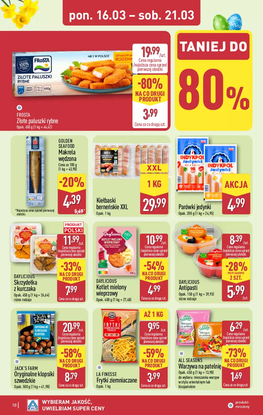 Gazetka promocyjna Aldi - Pełna oferta - ważna 16.03 do 21.03.2026 - strona 10 - produkty: All Seasons, Fa, Frosta, Frytki, Gin, Golden Seafood, Klopsiki, Kotlet, Kurczak, Mieszanka warzyw, Paluszki rybne, Parówki, Skrzydełka z kurczaka, Warzywa