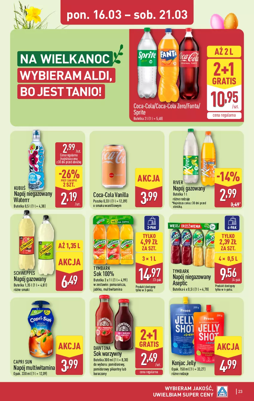 Gazetka promocyjna Aldi - Pełna oferta - ważna 16.03 do 21.03.2026 - strona 23 - produkty: Coca-Cola, Dawtona, Fa, Fanta, Gra, Kubuś, Napój, Napój gazowany, Napój niegazowany, Schweppes, Sok, Sprite, Tymbark