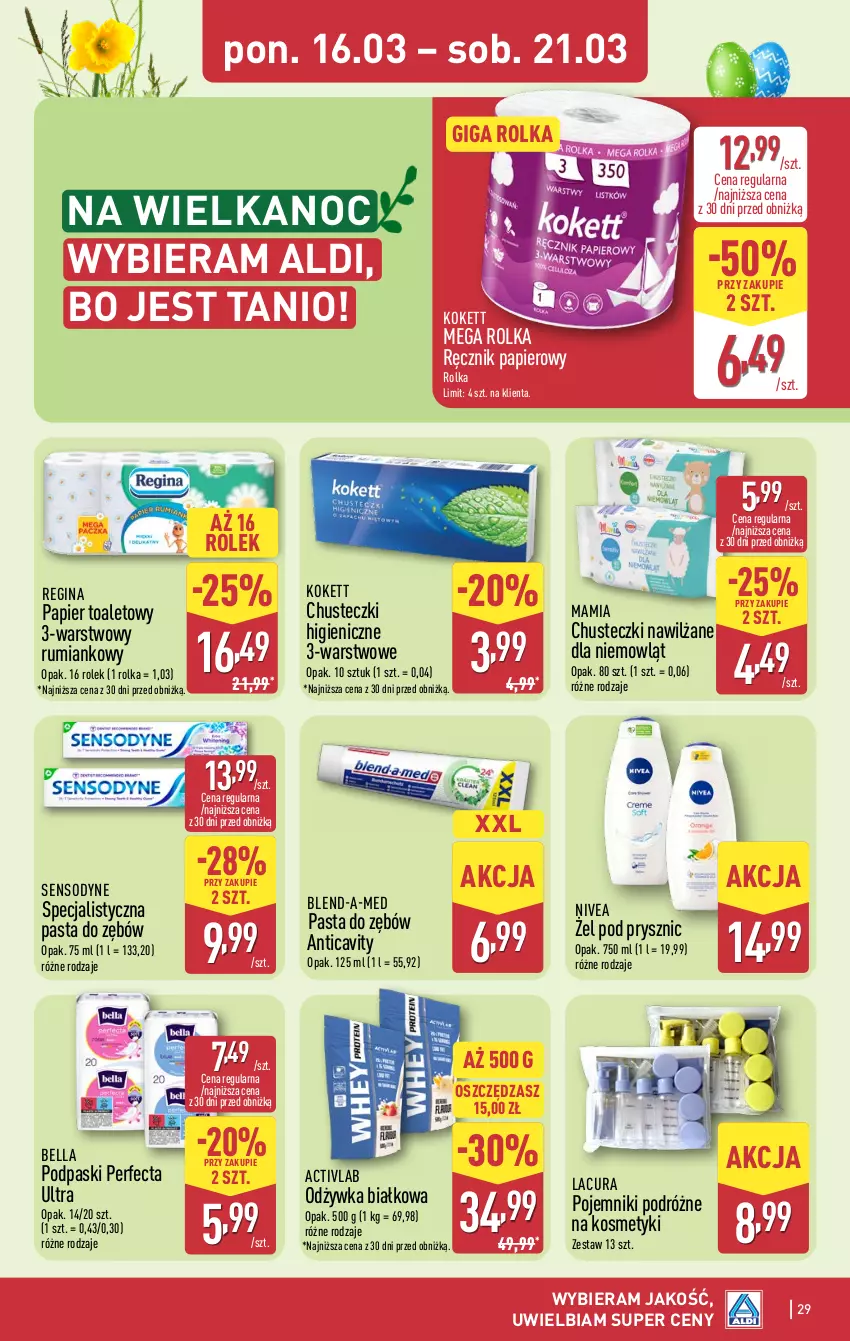 Gazetka promocyjna Aldi - Pełna oferta - ważna 16.03 do 21.03.2026 - strona 29 - produkty: Bell, Bella, Blend-a-Med, Chusteczki, Gin, Nivea, Odżywka, Papier, Papier toaletowy, Pasta do zębów, Perfecta, Podpaski, Pojemnik, Ręcznik, Rum, Sensodyne