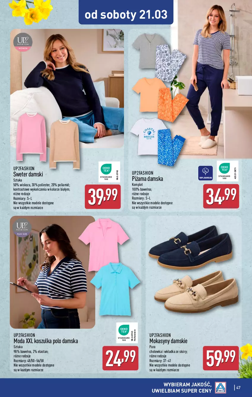 Gazetka promocyjna Aldi - Pełna oferta - ważna 16.03 do 21.03.2026 - strona 47 - produkty: Fa, Kosz, Koszulka, Moda, Mokasyny, Piżama, Sweter, Wełna