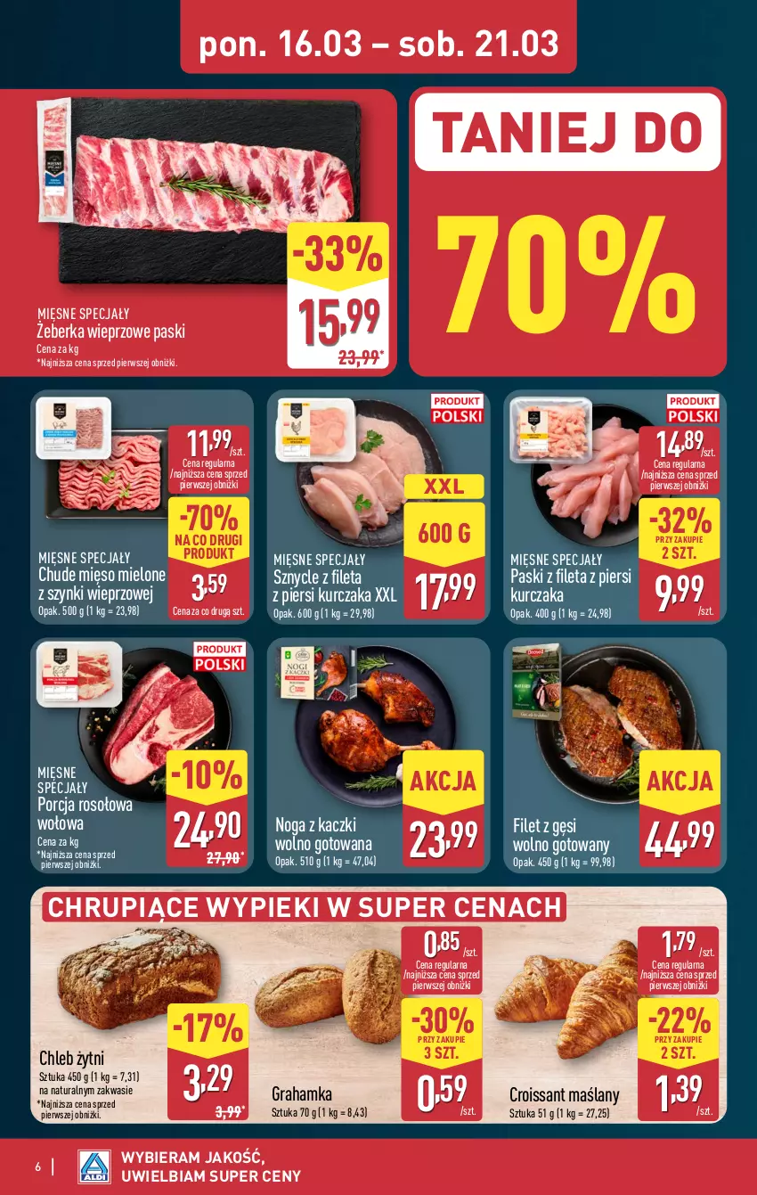 Gazetka promocyjna Aldi - Pełna oferta - ważna 16.03 do 21.03.2026 - strona 6 - produkty: Chleb, Croissant, Gra, Kurczak, Mięsne specjały, Mięso, Mięso mielone, Mięso mielone z szynki, Noga z kaczki, Por