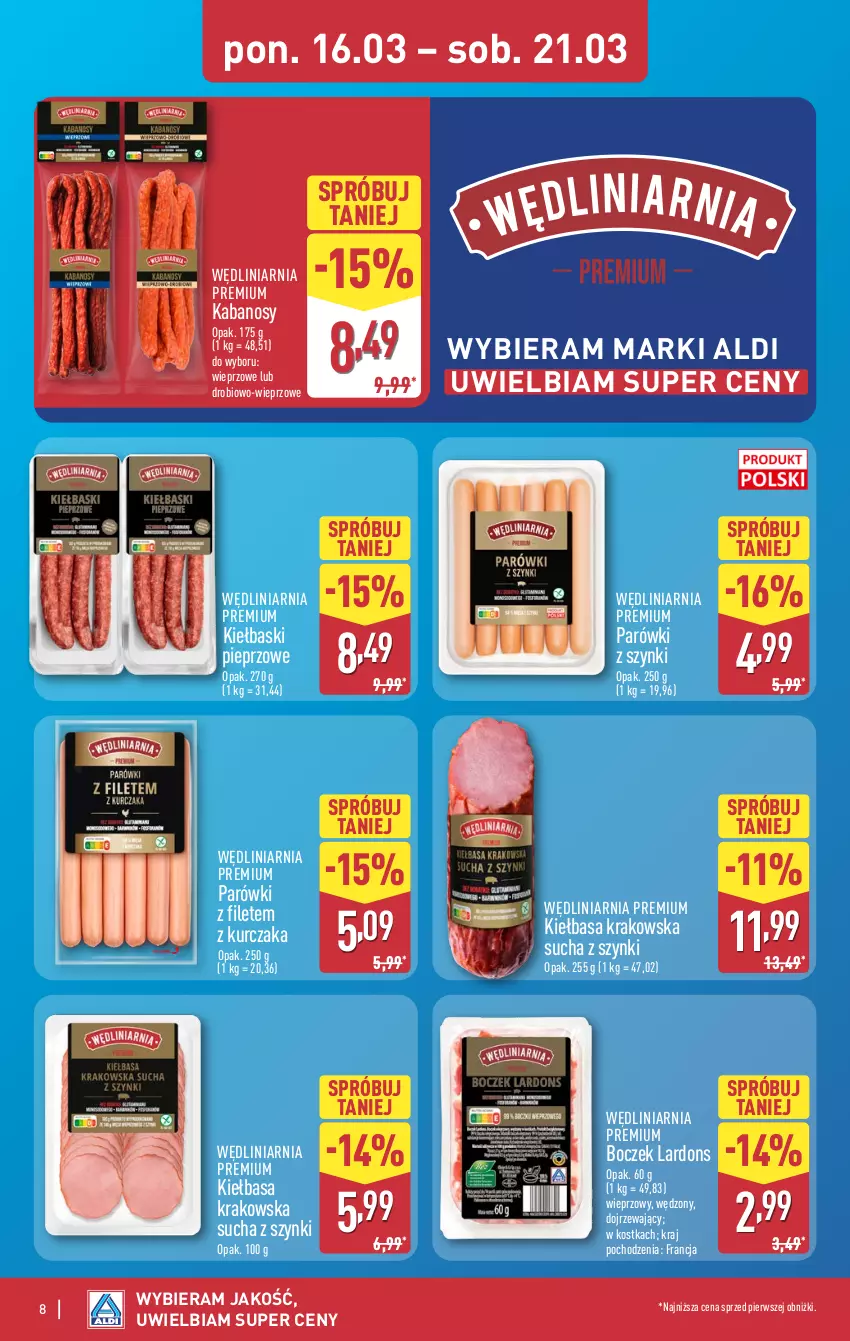 Gazetka promocyjna Aldi - Pełna oferta - ważna 16.03 do 21.03.2026 - strona 8 - produkty: Boczek, Kabanos, Kiełbasa, Kiełbasa krakowska, Kiełbaski pieprzowe, Kurczak, Parówki, Parówki z szynki, Pieprz