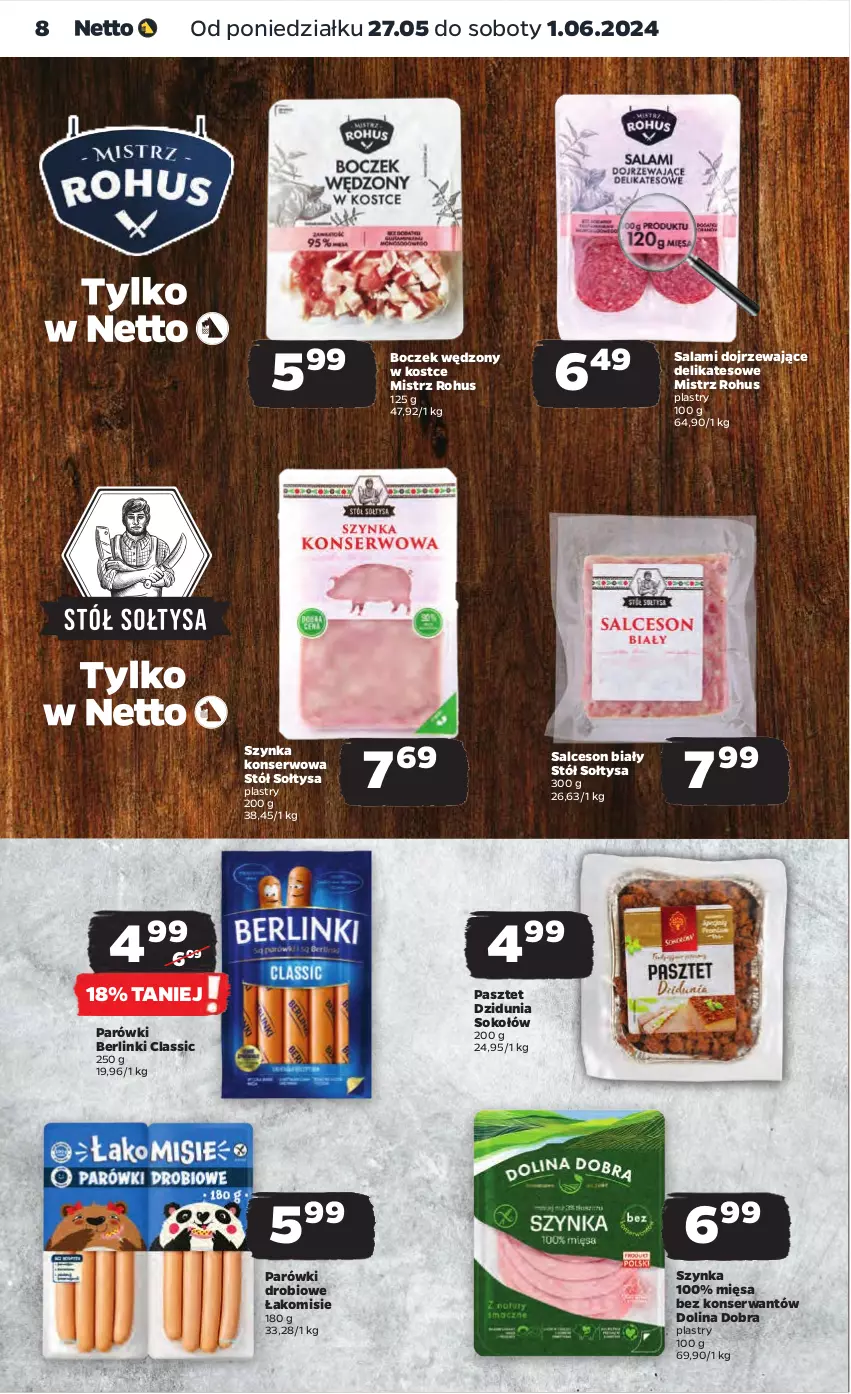 Gazetka promocyjna Netto - Od Poniedziałku - ważna 27.05 do 01.06.2024 - strona 8 - produkty: Berlinki, Boczek, Parówki, Pasztet, Salami, Salceson, Ser, Sok, Sokołów, Stół, Szynka, Szynka konserwowa