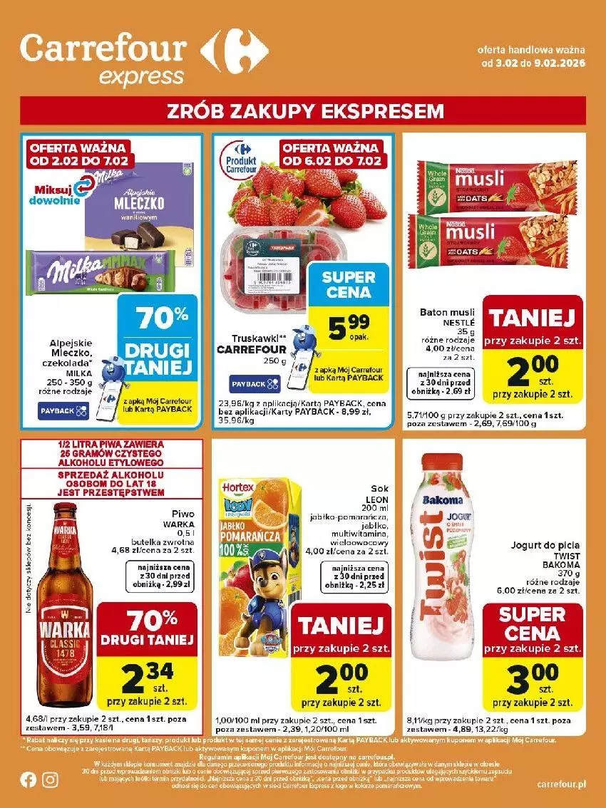 Gazetka promocyjna Carrefour - Gazetka Express - ważna 03.02 do 09.02.2026 - strona 2 - produkty: Bakoma, Baton, Czekolada, Gra, Jogurt, Leon, Milka, Mleczko, Mus, Piwa, Piwo, Por, Sok, Truskawki, Warka
