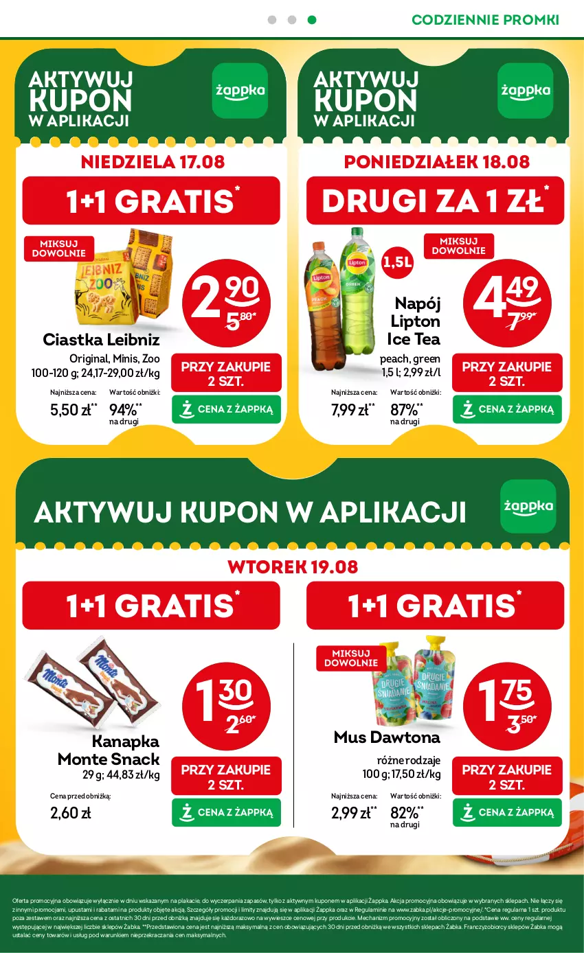 Gazetka promocyjna Żabka - ważna 13.08 do 26.08.2025 - strona 4 - produkty: Ciastka, Dawtona, Gin, Gra, Ice tea, Lipton, Monte, Mus, Napój