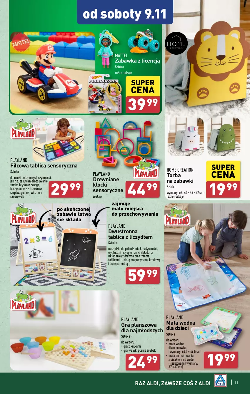 Gazetka promocyjna Aldi - Artykuły przemysłowe i tekstylia - ważna 06.11 do 09.11.2024 - strona 11 - produkty: Drewniane klocki, Dzieci, Gra, Klocki, Mata wodna, Mattel, Torba, Tran, Zabawka