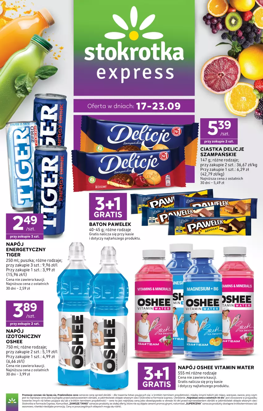 Gazetka promocyjna Stokrotka - Express - ważna 17.09 do 23.09.2026 - strona 1 - produkty: Baton, Ciastka, Delicje, Gra, Mięso, Napój, Napój energetyczny, Napój izotoniczny, Oshee, Owoce, Tiger, Warzywa