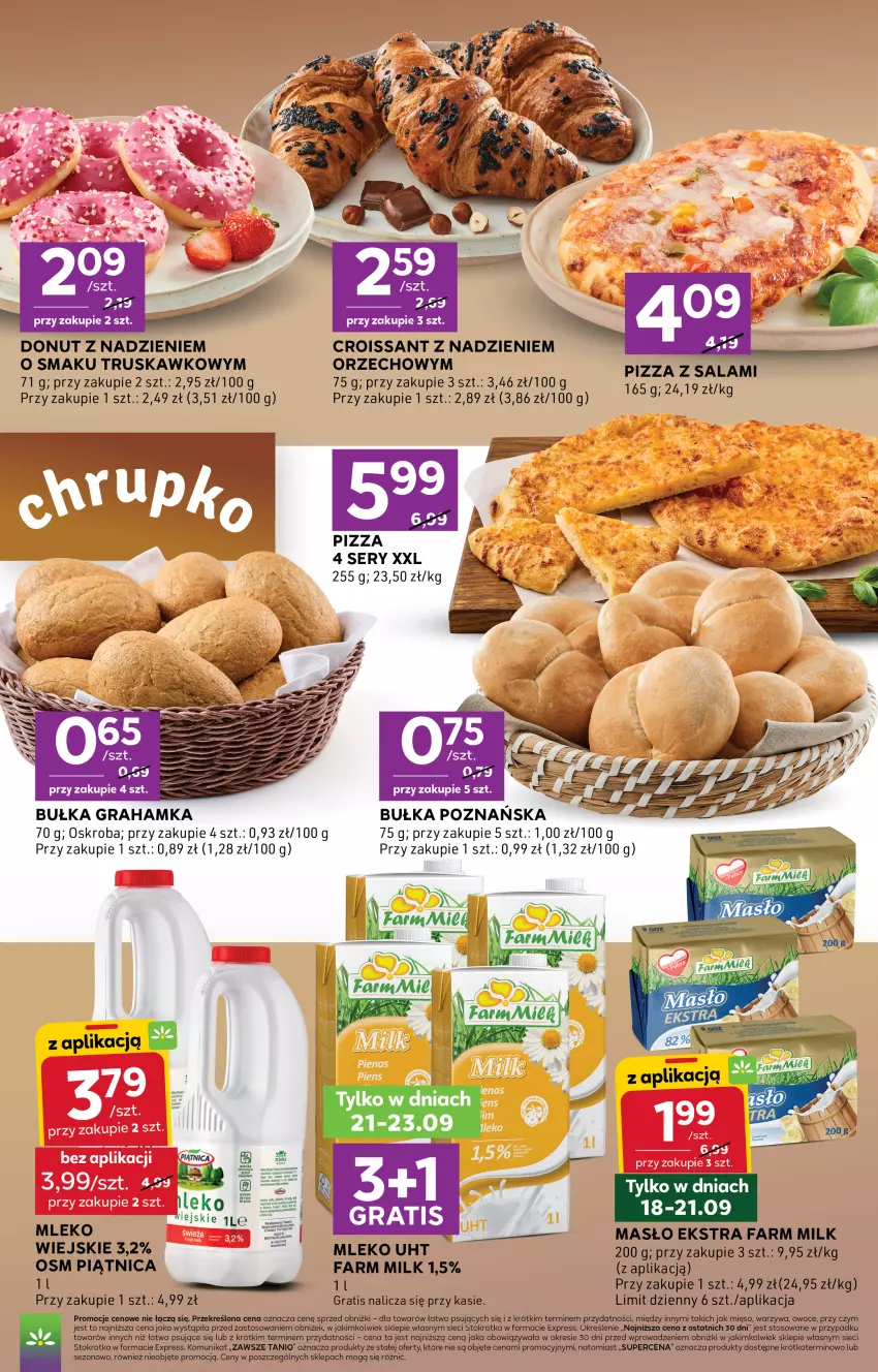 Gazetka promocyjna Stokrotka - Express - ważna 17.09 do 23.09.2026 - strona 3 - produkty: Bułka, Bułka grahamka, Croissant, Donut, Fa, Farm Milk, Gra, Masło, Mięso, Mleko, Owoce, Piątnica, Salami, Ser, Warzywa