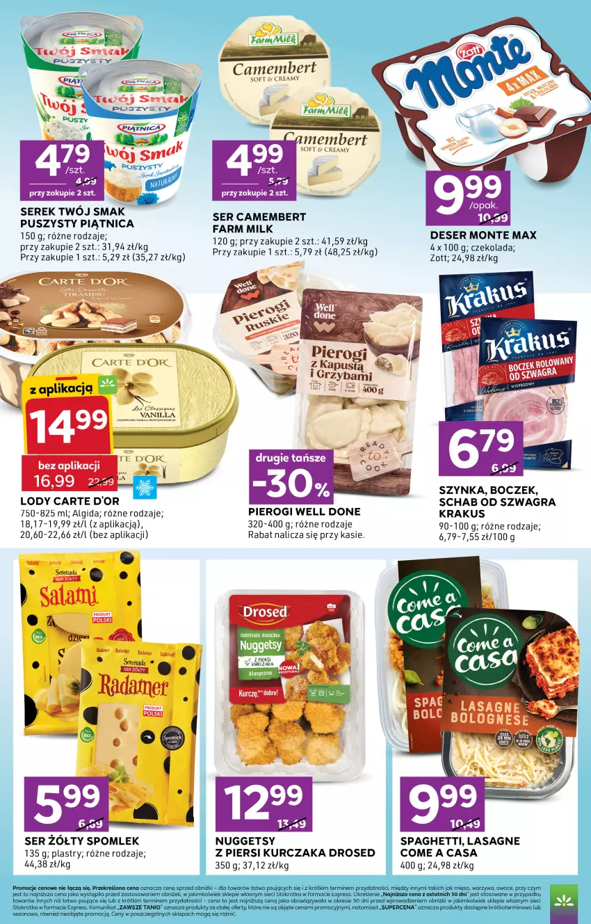 Gazetka promocyjna Stokrotka - Express - ważna 17.09 do 23.09.2026 - strona 4 - produkty: Algida, Boczek, Camembert, Czekolada, Deser, Fa, Farm Milk, Gra, Krakus, Kurczak, Lasagne, LG, Lody, Mięso, Monte, Owoce, Piątnica, Pierogi, Ser, Spaghetti, Szynka, Warzywa, Zott