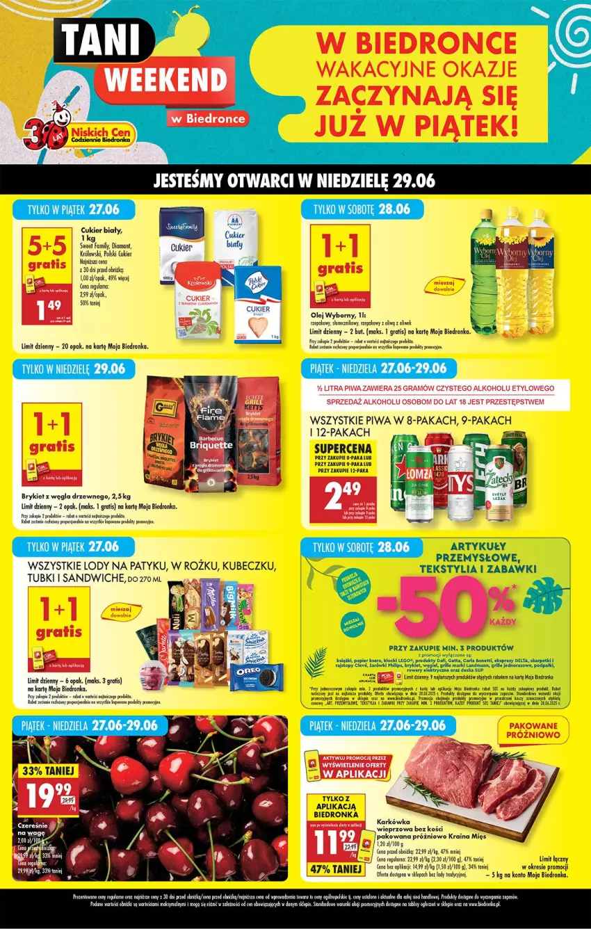 Gazetka promocyjna Biedronka - Tani Weekend - ważna 27.06 do 28.06.2025 - strona 1 - produkty: Cukier, Diamant, Fa, Gatta, Gra, Grill, Karkówka wieprzowa, Karp, Klocki, Królewski, LEGO, Lody, Okno, Olej, Papier, Piwa, Por, Rajstopy, Ser, Skarpetki, Top