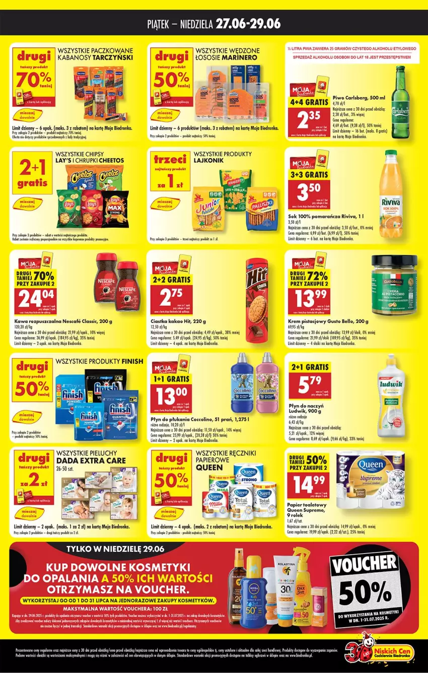 Gazetka promocyjna Biedronka - Tani Weekend - ważna 27.06 do 28.06.2025 - strona 2 - produkty: Bell, Carlsberg, Cheetos, Chipsy, Chrupki, Ciastka, Dada, Fa, Finish, Gra, Kabanos, Kakao, Kawa, Kawa rozpuszczalna, Krem pistacjowy, Lajkonik, LANA, Lody, Ludwik, Papier, Papier toaletowy, Pieluchy, Piwo, Por, Ręcznik, Ręczniki papierowe, Sok, Sos