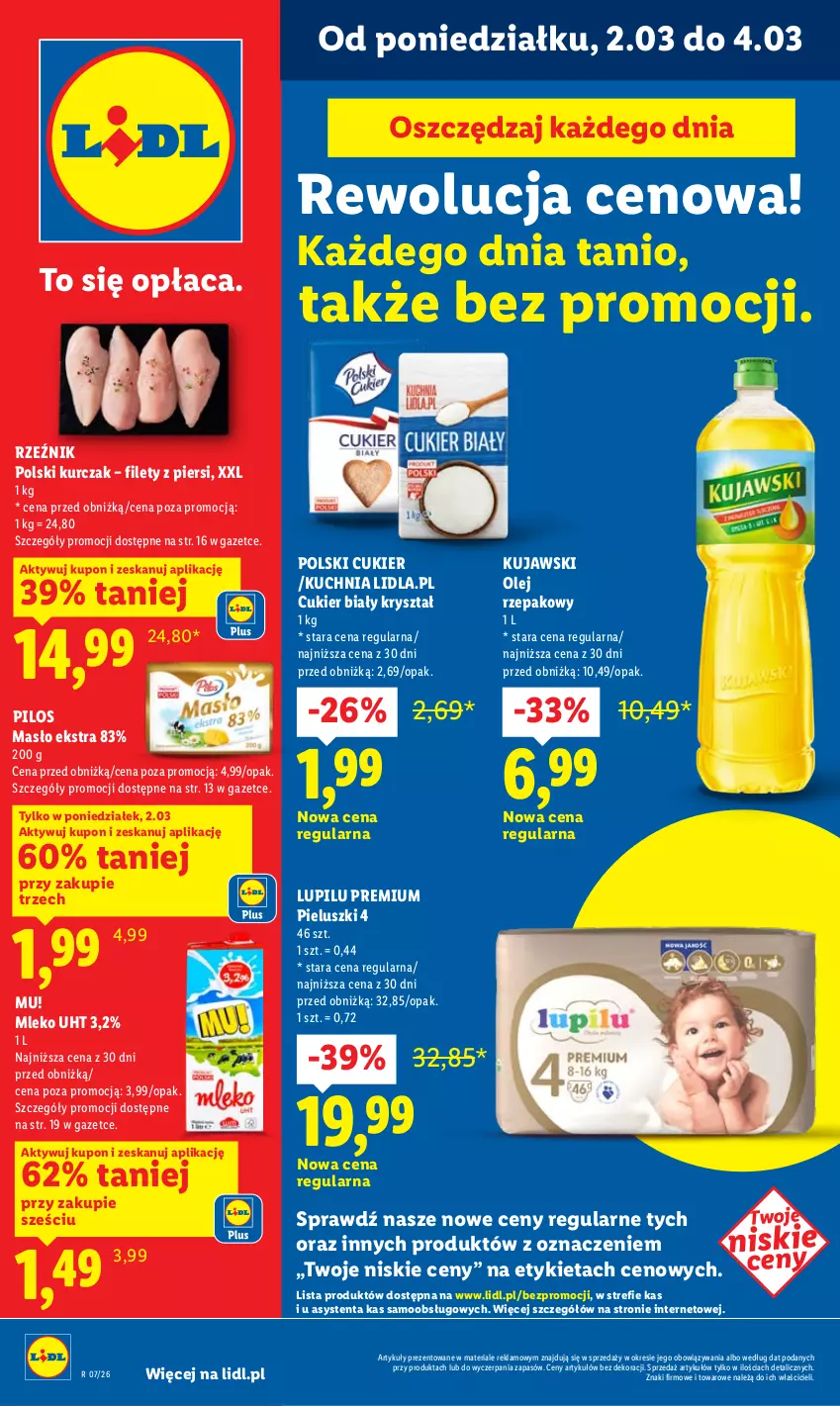 Gazetka promocyjna Lidl - Oferta ważna od 2.03 do 4.03 - ważna 02.03 do 04.03.2026 - strona 1 - produkty: Cukier, Kuchnia, Kujawski, Kurczak, Masło, Mleko, Olej, Olej rzepakowy, Pilos