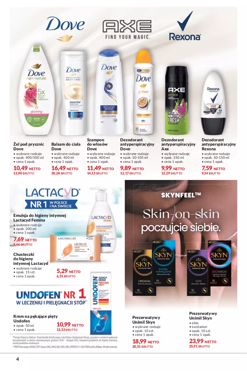 Gazetka promocyjna Makro - [Oferta specjalna] Chwile dla urody - ważna 28.06 do 11.07.2022 - strona 4 - produkty: Balsam do ciała, Chusteczki, Chusteczki do higieny, Dezodorant, Dove, Emulsja, Lactacyd, Prezerwatyw, Rexona, Skyn, Szampon, Undofen, Unimil