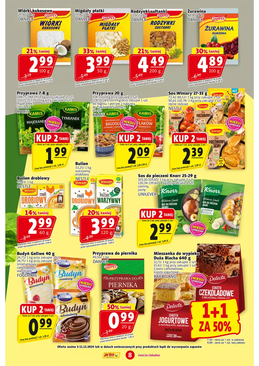 Gazetka promocyjna Prim Market - ważna 05.12 do 11.12.2024 - strona 8 - produkty: Budyń, Bulion, Ciasto czekoladowe, Jogurt, Knorr, Kokos, Lion, Migdały, Piec, Piernik, Por, Rodzynki, Rosół, Sos, Winiary, Wiórki kokosowe