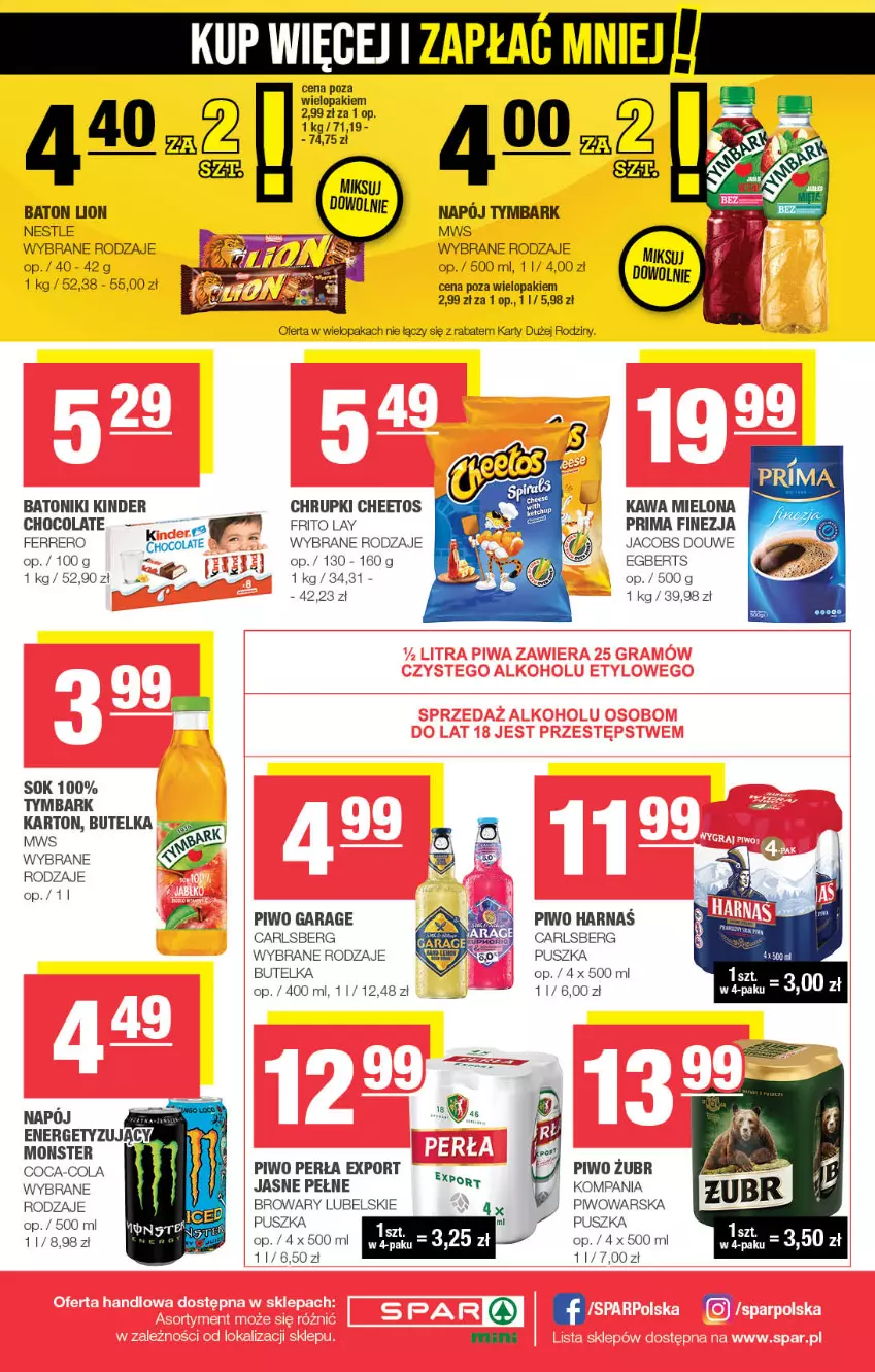 Gazetka promocyjna Spar - Spar-Mini - ważna 03.11 do 13.11.2024 - strona 4 - produkty: Baton, Carlsberg, Cheetos, Chrupki, Coca-Cola, Ferrero, Harnaś, Jacobs, Kawa, Kawa mielona, Kinder, Lion, Napój, Perła, Piwo, Por, Prima, Sok, Tonik, Tymbark