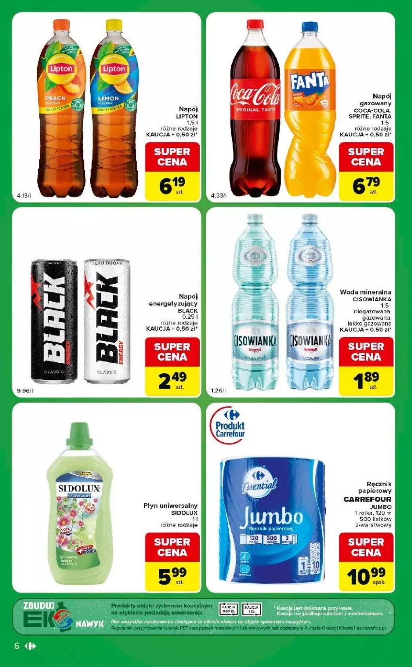 Gazetka promocyjna Carrefour - Gazetka express w SUMIE ekspresowe zakupy - ważna 14.07 do 20.07.2026 - strona 6 - produkty: Cisowianka, Coca-Cola, Fa, Fanta, Gin, Kasia, Lack, Lipton, Napój, Papier, Ręcznik, Sidolux, Sprite, Woda, Woda mineralna
