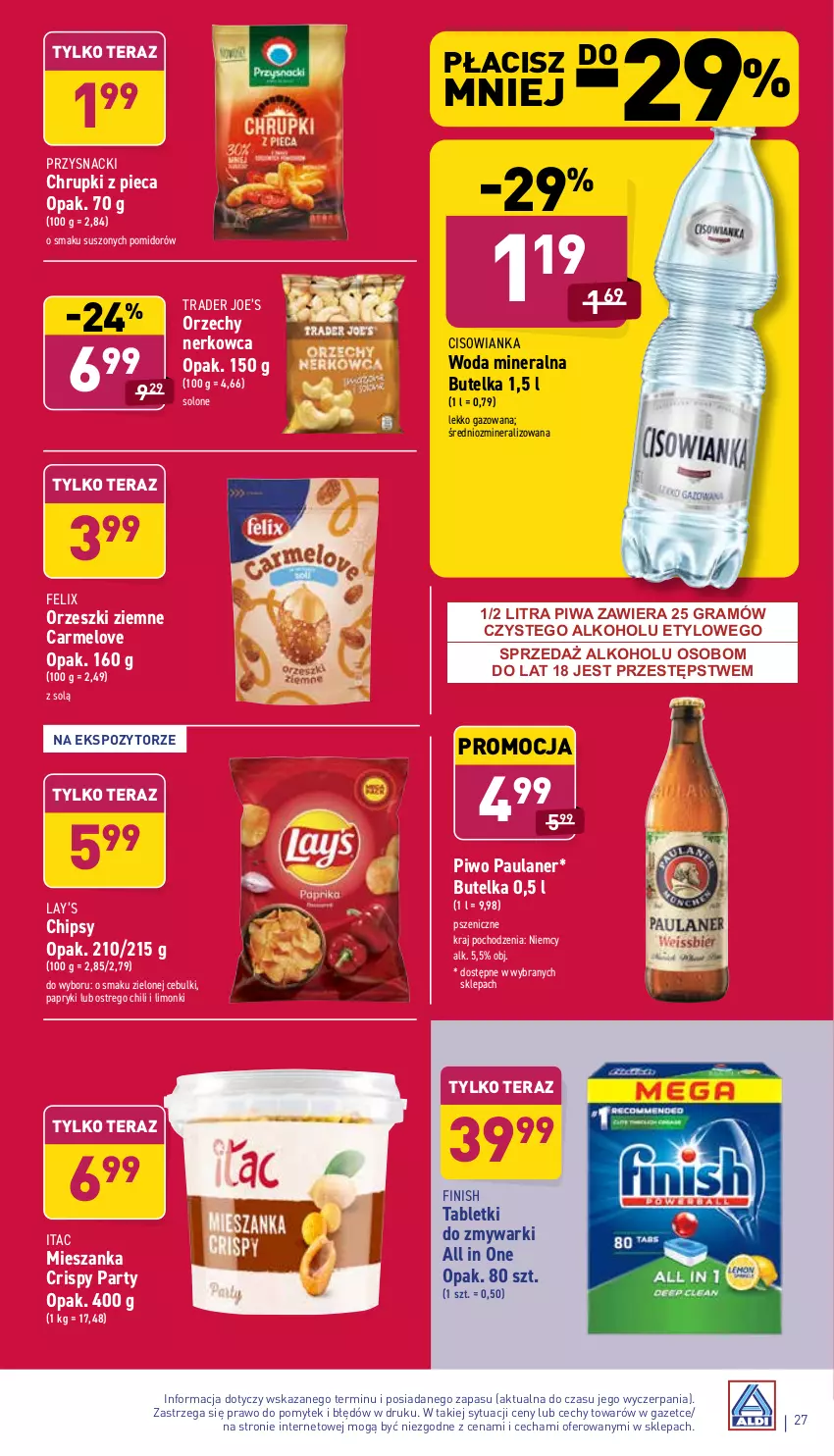 Gazetka promocyjna Aldi - ważna 13.12 do 19.12.2021 - strona 27 - produkty: Chipsy, Chrupki, Cisowianka, Felix, Finish, Gra, Lay’s, Orzeszki, Orzeszki ziemne, Piec, Piwa, Piwo, Przysnacki, Tablet, Tabletki do zmywarki, Tera, Woda, Woda mineralna, Zmywarki