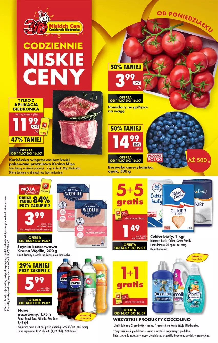 Gazetka promocyjna Biedronka - Od Poniedziałku - ważna 14.07 do 19.07.2025 - strona 1 - produkty: 7up, Borówka, Borówka amerykańska, Coccolino, Cukier, Diamant, Fa, Gra, Karkówka wieprzowa, Kret, Mirinda, Napój, Pepsi, Pomidory, Por