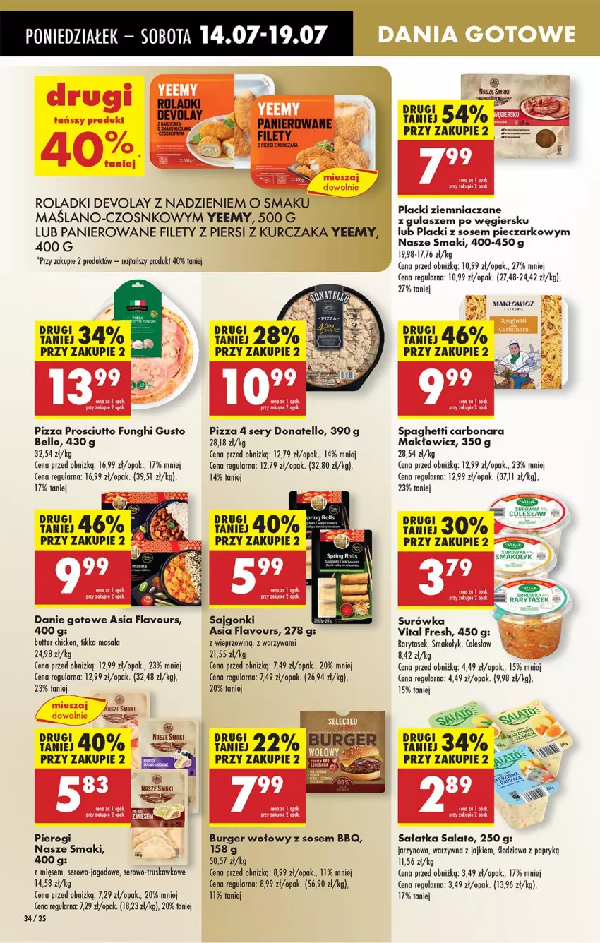 Gazetka promocyjna Biedronka - Od Poniedziałku - ważna 14.07 do 19.07.2025 - strona 40 - produkty: Bell, Burger, Danie gotowe, Kurczak, Lack, Leon, Piec, Pierogi, Pizza, Prosciutto, Sajgonki, Sałat, Sałatka, Ser, Sos, Spaghetti, Surówka, Warzywa