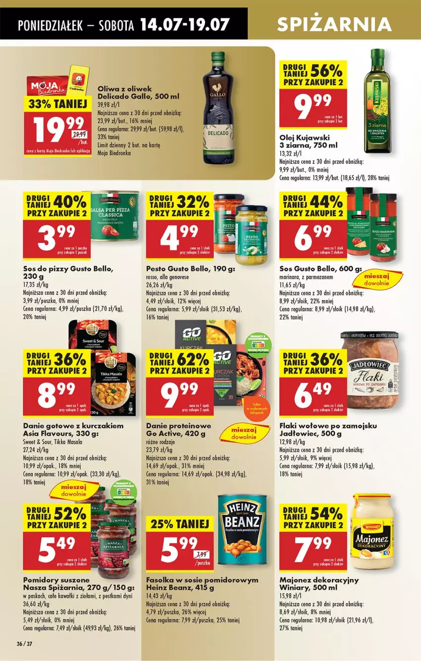 Gazetka promocyjna Biedronka - Od Poniedziałku - ważna 14.07 do 19.07.2025 - strona 42 - produkty: Bell, Danie gotowe, Fa, Flaki, Flaki wołowe, Heinz, Kawa, Kujawski, Kurczak, Majonez, Olej, Oliwa, Oliwa z oliwek, Parmezan, Pesto, Pomidory, Sos, Sos do pizzy, Stolik, Winiary