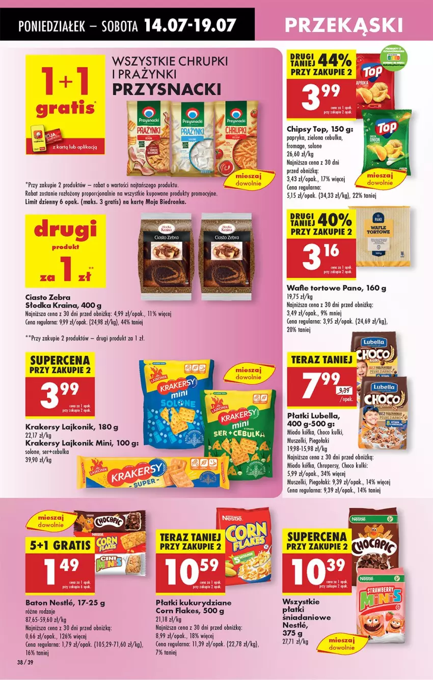 Gazetka promocyjna Biedronka - Od Poniedziałku - ważna 14.07 do 19.07.2025 - strona 44 - produkty: Baton, Bell, Bella, Chipsy, Chrupki, Corn flakes, Danio, Gra, Krakersy, Lajkonik, Lubella, Mus, Papryka, Por, Przysnacki, Ser, Tera, Top, Wafle, Wafle tortowe