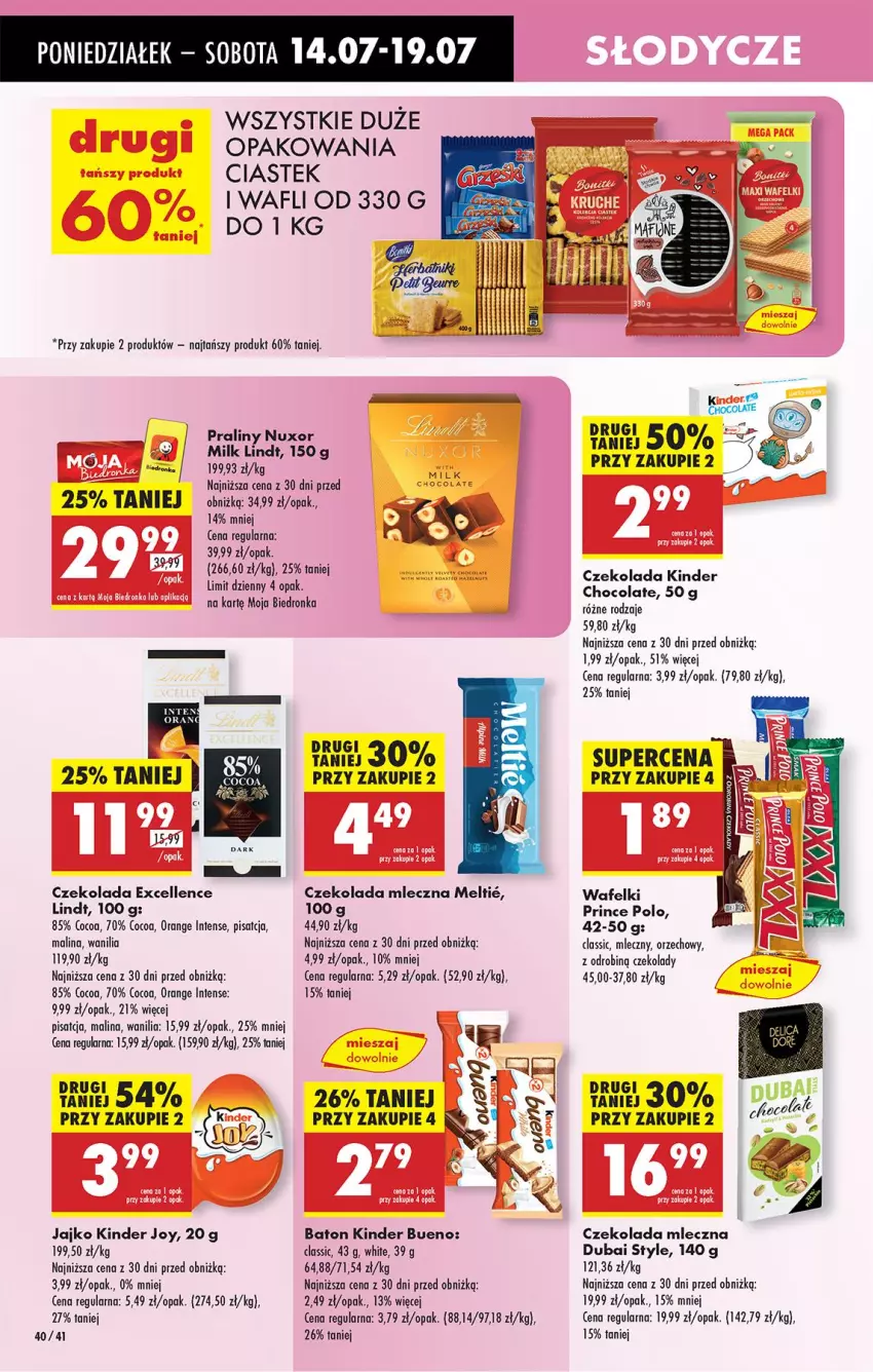 Gazetka promocyjna Biedronka - Od Poniedziałku - ważna 14.07 do 19.07.2025 - strona 46 - produkty: Baton, Czekolada, Czekolada mleczna, Kinder, Kinder Bueno, Lindt, Nuxe, Praliny, Prince Polo, Stek