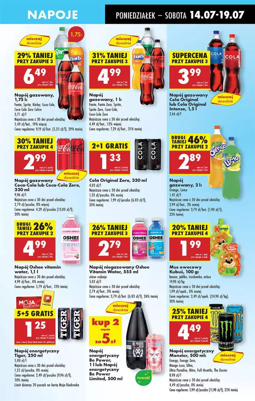 Gazetka promocyjna Biedronka - Od Poniedziałku - ważna 14.07 do 19.07.2025 - strona 49 - produkty: Arbuz, Coca-Cola, Fa, Fanta, Full Throttle, Gin, Gra, Kubuś, Mango, Mus, Napój, Napój energetyczny, Napój gazowany, Napój niegazowany, Napoje, Oshee, Ser, Sprite, Tiger