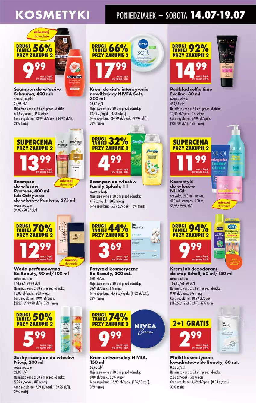 Gazetka promocyjna Biedronka - Od Poniedziałku - ważna 14.07 do 19.07.2025 - strona 53 - produkty: Be Be, Dezodorant, Eveline, Fa, Gra, Krem do ciała, Krem uniwersalny, Maska, Niuqi, Nivea, Odżywka, Odzywka do włosów, Pantene, Patyczki kosmetyczne, Perfum, Płatki kosmetyczne, Podkład, Schauma, Scholl, Suchy szampon, Szampon, Woda, Woda perfumowana