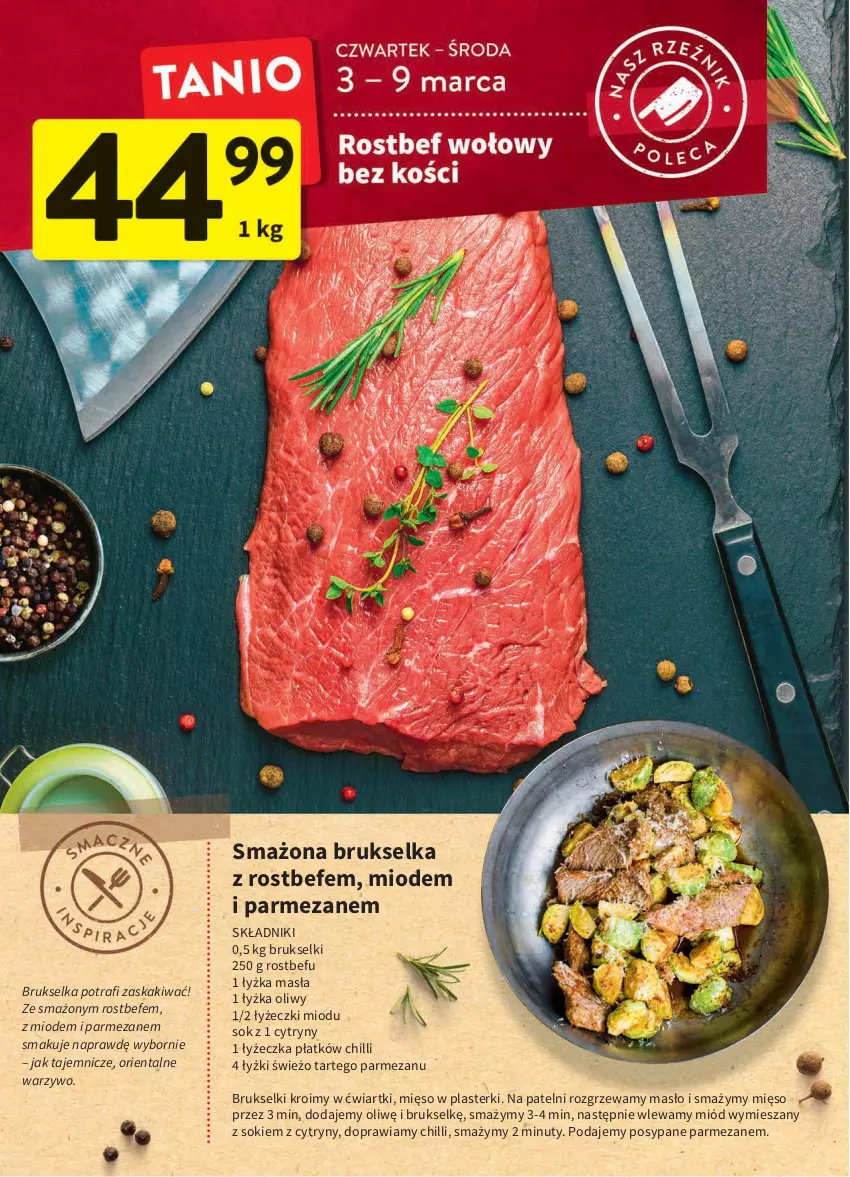 Gazetka promocyjna Intermarche - Spożywcza - ważna 03.02 do 09.02.2022 - strona 12 - produkty: Brukselka, Cytryny, Kaki, Masło, Mięso, Miód, Nuty, Parmezan, Plasterki, Rostbef, Sok