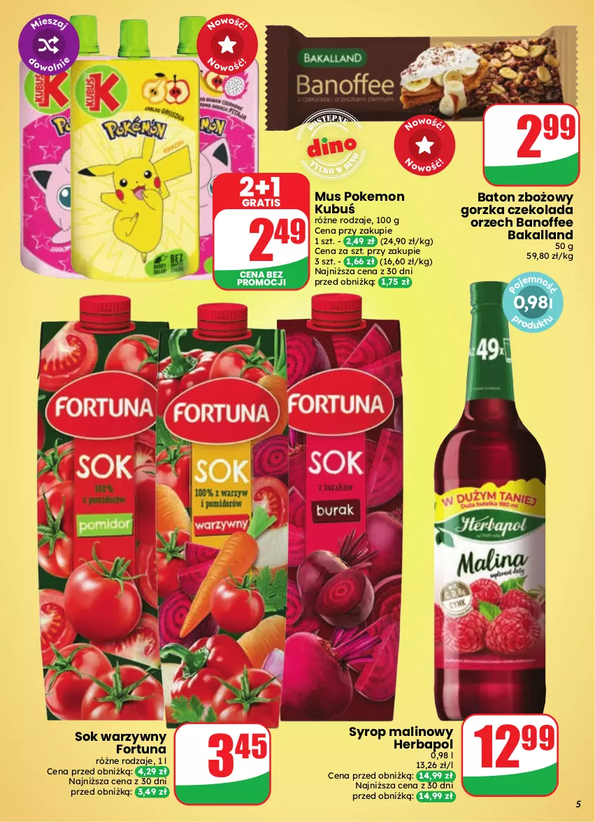 Gazetka promocyjna Dino - Gazetka 41 / 2026 - ważna 07.10 do 13.10.2026 - strona 5 - produkty: Bakalland, Baton, Czekolada, Fortuna, Gra, Herbapol, Kubuś, Mus, Sok, Syrop