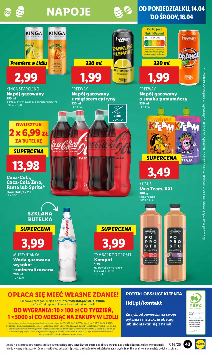 Gazetka promocyjna Lidl - GAZETKA - ważna 13.04 do 16.04.2025 - strona 45 - produkty: Aronia, Clin, Coca-Cola, Cytryny, Fa, Fanta, Gra, Kubuś, LANA, Laur, Mola, Mus, Muszynianka, Napój, Napój gazowany, Napoje, Por, Portal, Sok, Sprite, Tymbark, Woda, Woda gazowana