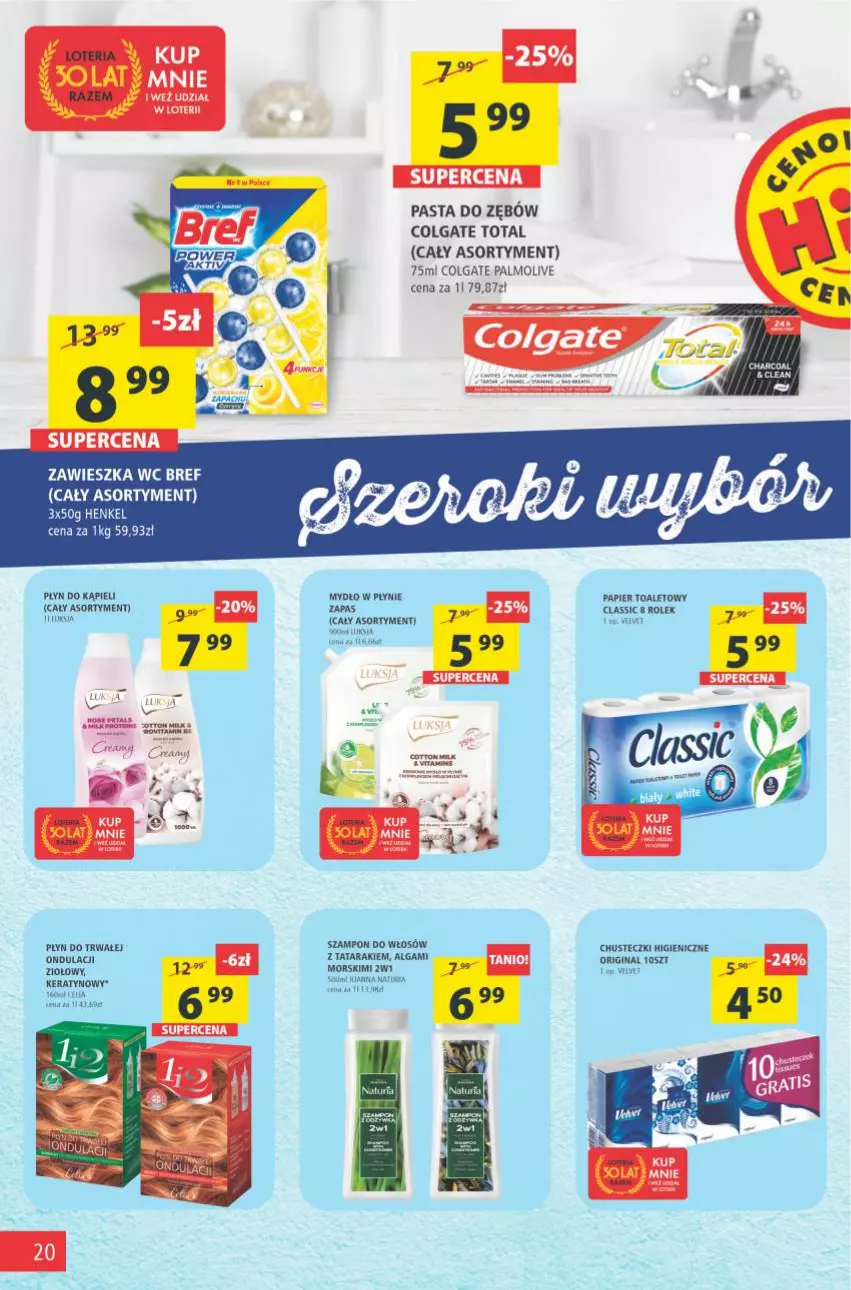 Gazetka promocyjna Arhelan - Gazetka - ważna 08.10 do 17.10.2021 - strona 20 - produkty: Bref, Chusteczki, Colgate, Colgate Total, Gin, LG, Mydło, Mydło w płynie, Palmolive, Papier, Papier toaletowy, Pasta do zębów, Płyn do kąpieli, Szampon, Velvet