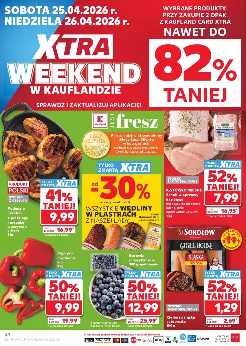 Gazetka promocyjna Kaufland - Gazetka tygodnia - ważna 23.04 do 28.04.2026 - strona 24 - produkty: Grill, Kiełbasa, Kiełbasa śląska, Kurczak, Laur, Olej, Owoce, Papryka, Papryka czerwona, Piec, Pieczywo, Schab wieprzowy, Stek, Waga, Warzywa