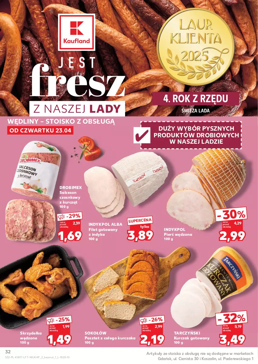 Gazetka promocyjna Kaufland - Gazetka tygodnia - ważna 23.04 do 28.04.2026 - strona 32 - produkty: Drobimex, Kosz, Kurczak, Kurczak gotowany, Pasztet, Salceson, Sok, Sokołów, Szal, Tarczyński