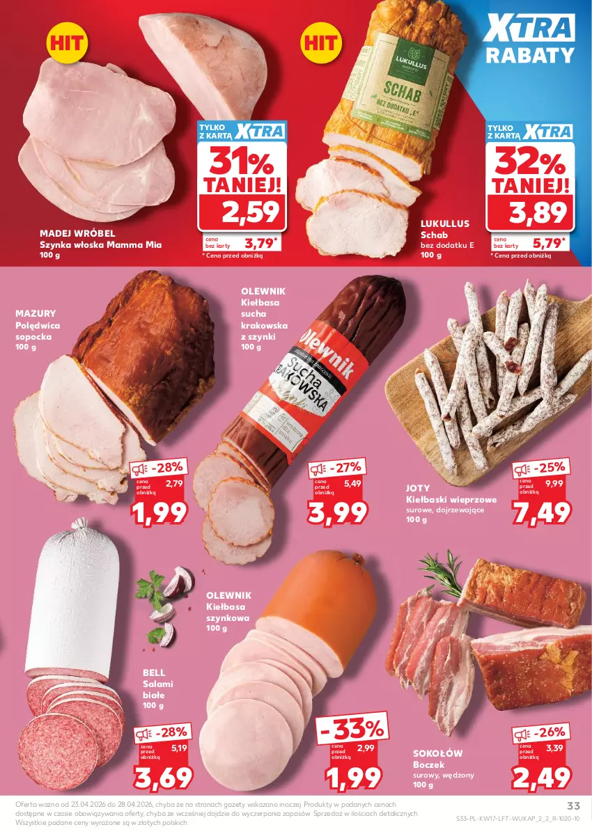 Gazetka promocyjna Kaufland - Gazetka tygodnia - ważna 23.04 do 28.04.2026 - strona 33 - produkty: Bell, Boczek, Kiełbasa, Kiełbasa szynkowa, Madej Wróbel, Olewnik, Polędwica, Salami, Sok, Sokołów, Szynka