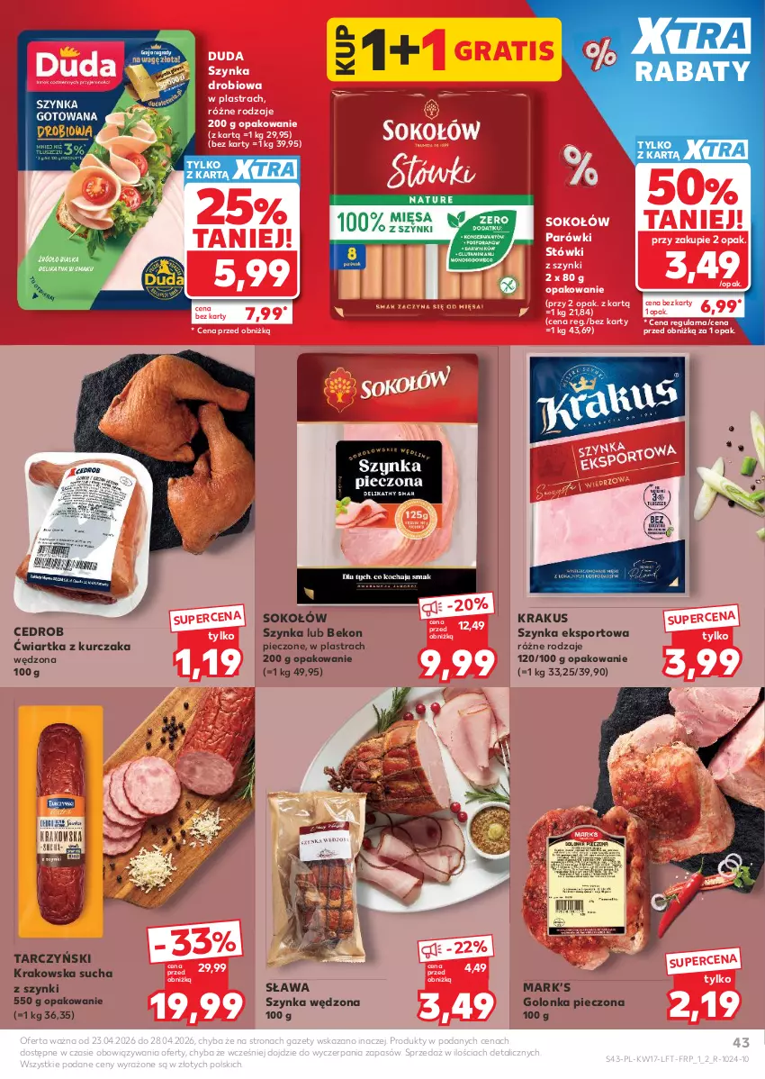 Gazetka promocyjna Kaufland - Gazetka tygodnia - ważna 23.04 do 28.04.2026 - strona 43 - produkty: Beko, Duda, Golonka pieczona, Gra, Krakus, Kurczak, Parówki, Piec, Por, Sok, Sokołów, Sport, Szynka, Tarczyński