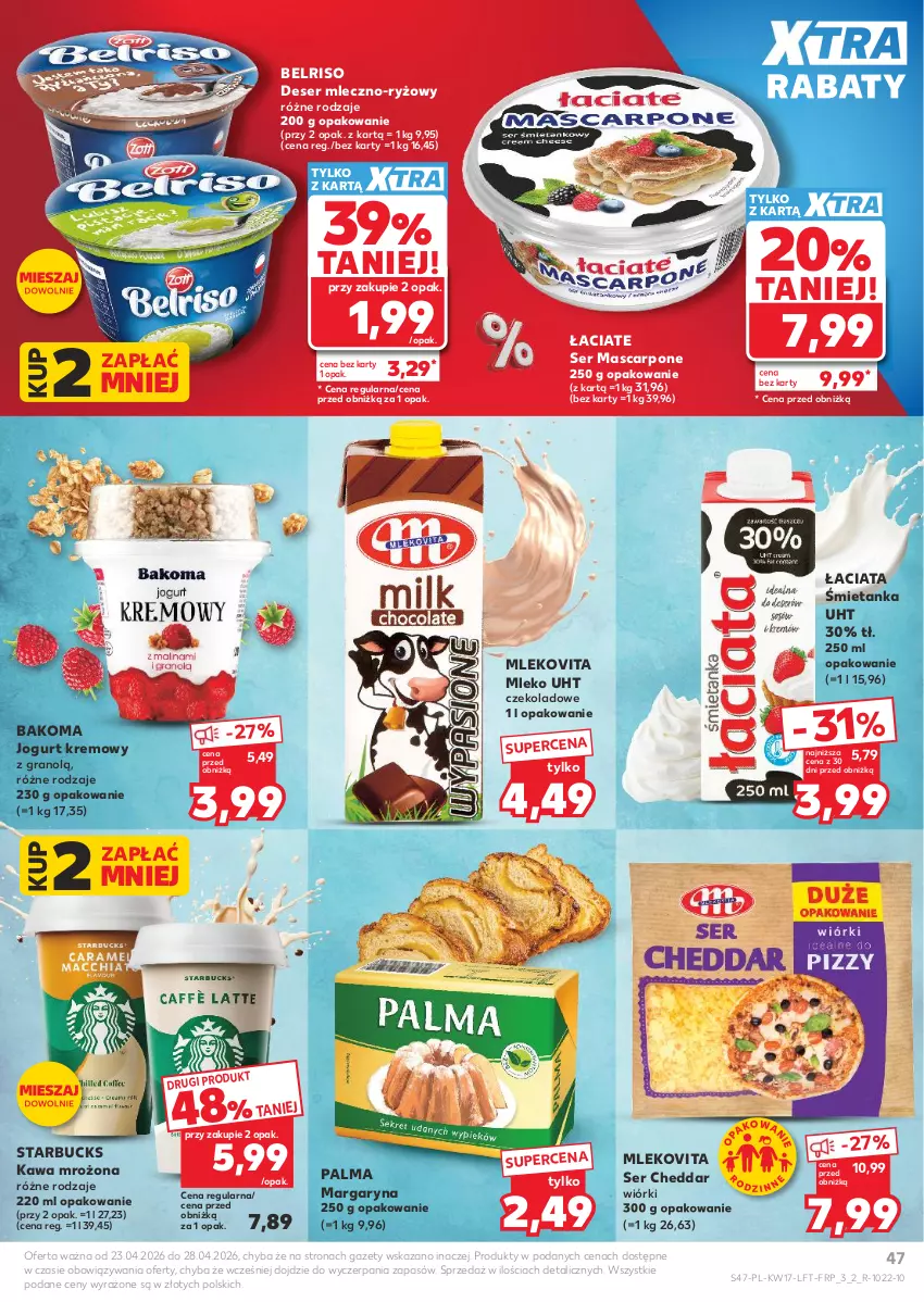 Gazetka promocyjna Kaufland - Gazetka tygodnia - ważna 23.04 do 28.04.2026 - strona 47 - produkty: Bakoma, Belriso, Cheddar, Deser, Gra, Jogurt, Kawa, Margaryna, Mascarpone, Mleko, Mlekovita, Palma, Ryż, Ser