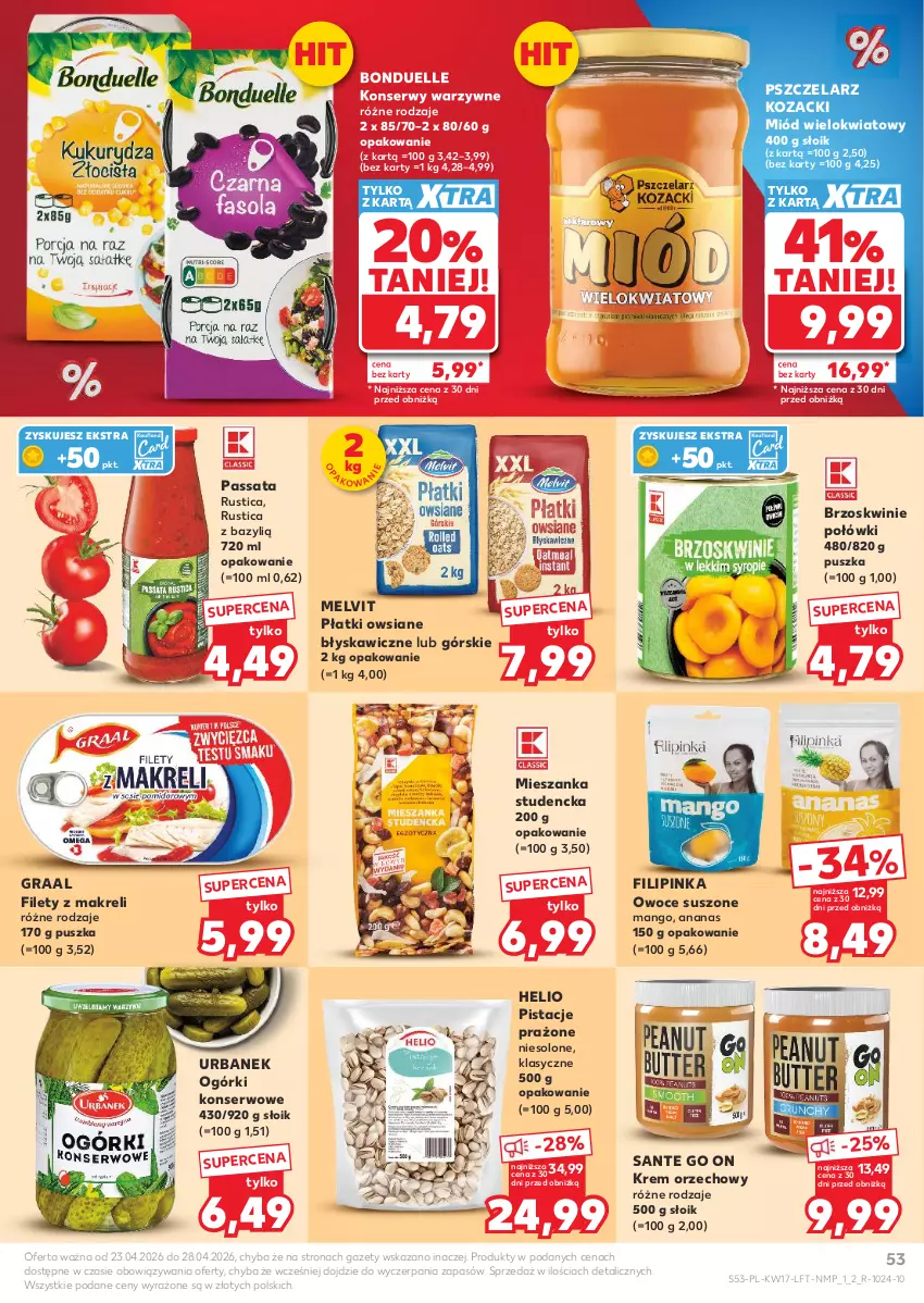 Gazetka promocyjna Kaufland - Gazetka tygodnia - ważna 23.04 do 28.04.2026 - strona 53 - produkty: Ananas, Bazyl, Bonduelle, Brzoskwinie, Gra, Graal, Helio, Inka, Krem orzechowy, Mango, Melvit, Mieszanka studencka, Miód, Ogórki konserwowe, Owoce, Owoce suszone, Pistacje, Płatki owsiane, Rust, Sante, Ser