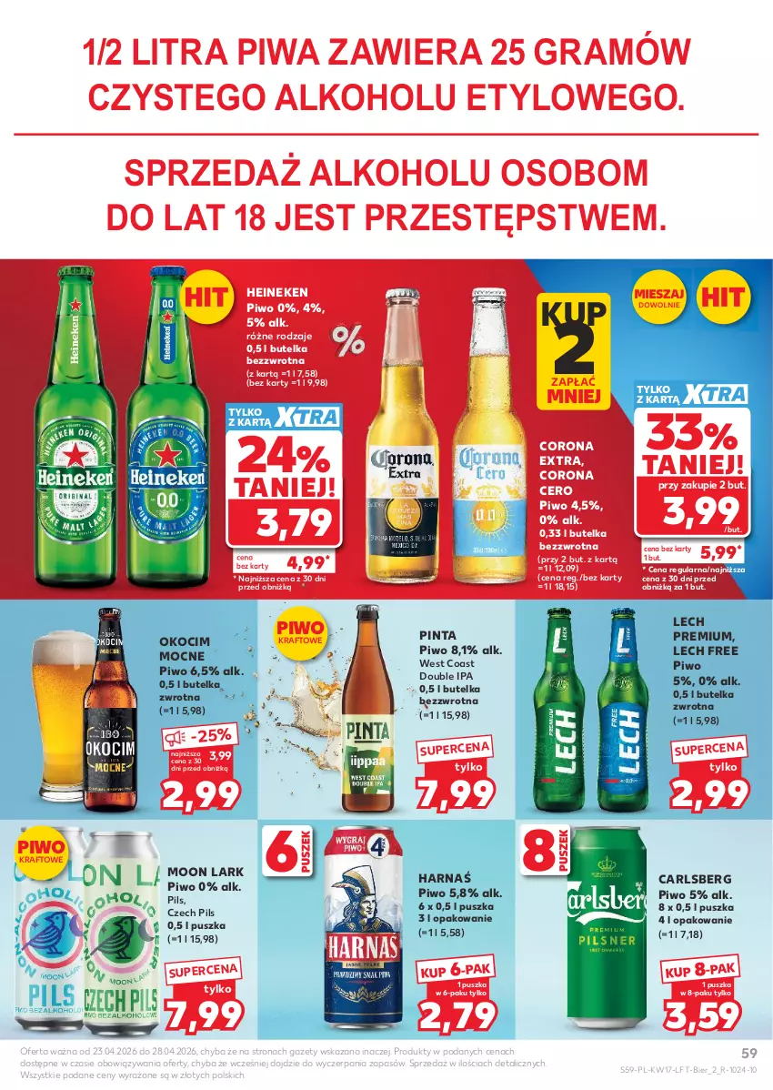 Gazetka promocyjna Kaufland - Gazetka tygodnia - ważna 23.04 do 28.04.2026 - strona 59 - produkty: Carlsberg, Corona Extra, Gra, Harnaś, Heineken, Koc, Lech Premium, Okocim, Piwa, Piwo