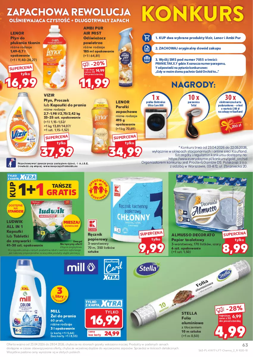 Gazetka promocyjna Kaufland - Gazetka tygodnia - ważna 23.04 do 28.04.2026 - strona 63 - produkty: Ambi Pur, Fa, Folia aluminiowa, Gin, Gra, Kapsułki do prania, Lenor, Ludwik, Mus, Odświeżacz powietrza, Papier, Papier toaletowy, Parownica, Perełki zapachowe, Płyn do płukania, Por, Pralka, Pur, Ręcznik, Tablet, Tabletki do zmywarki, Tefal, Vizir, Waga, Zmywarki