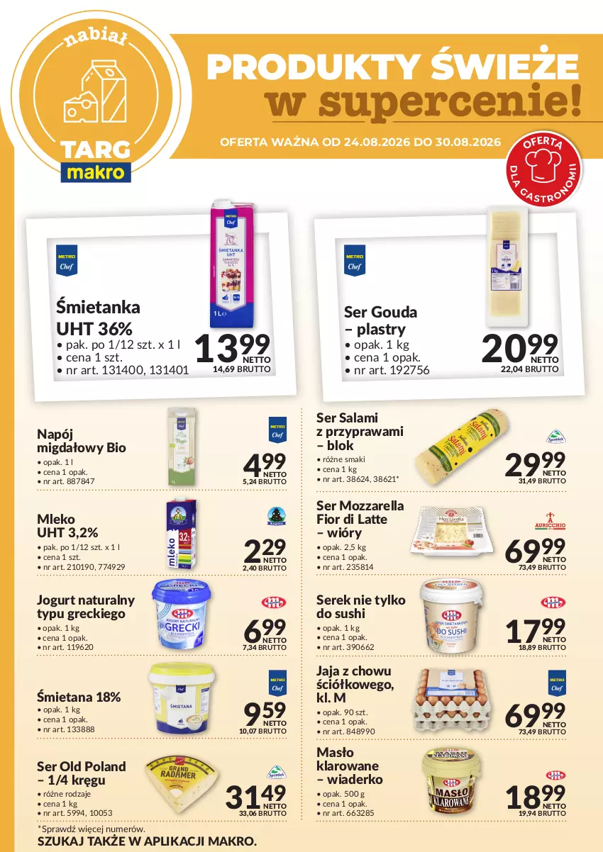 Gazetka promocyjna Makro - Targ MAKRO - oferta świeża w super cenach! - ważna 24.08 do 30.08.2026 - strona 3 - produkty: Gouda, Jaja, Jogurt, Jogurt naturalny, Masło, Masło klarowane, Mleko, Mozzarella, Napój, Salami, Ser, Ser salami, Serek, Sushi
