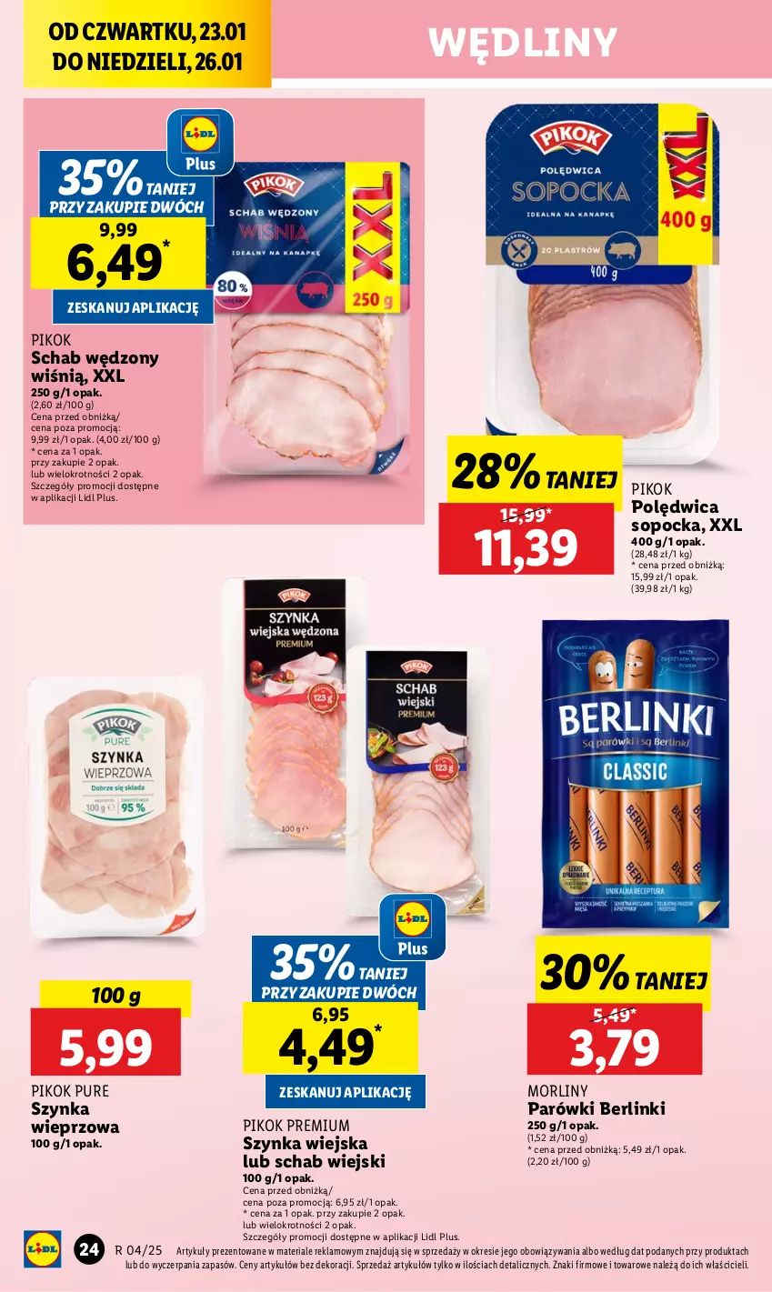 Gazetka promocyjna Lidl - GAZETKA - ważna 23.01 do 26.01.2025 - strona 26 - produkty: Berlinki, Morliny, Parówki, PIKOK, Polędwica, Pur, Szynka, Szynka wieprzowa