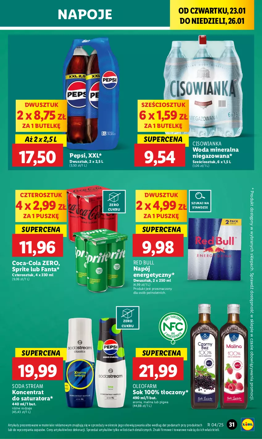 Gazetka promocyjna Lidl - GAZETKA - ważna 23.01 do 26.01.2025 - strona 33 - produkty: Aronia, Cisowianka, Coca-Cola, Fa, Fanta, Napój, Napój energetyczny, Napoje, Oleo, Oleofarm, Pepsi, Red Bull, Sok, Sprite, Woda, Woda mineralna