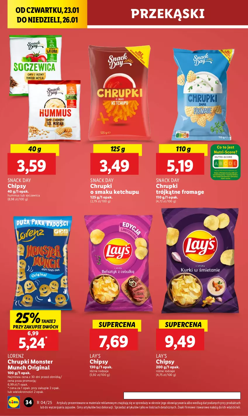 Gazetka promocyjna Lidl - GAZETKA - ważna 23.01 do 26.01.2025 - strona 36 - produkty: Chipsy, Chrupki, Gin, Hummus, Ketchup, Lay’s, Lorenz, Monster Munch, Mus