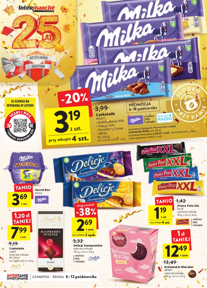 Gazetka promocyjna Intermarche - Gazetka Intermarche - ważna 06.10 do 12.10.2022 - strona 30 - produkty: Czekolada, Delicje, Królewski, Królewskie Mleczko, Lindt, Milka, Mleczko, Prince Polo, Wawel