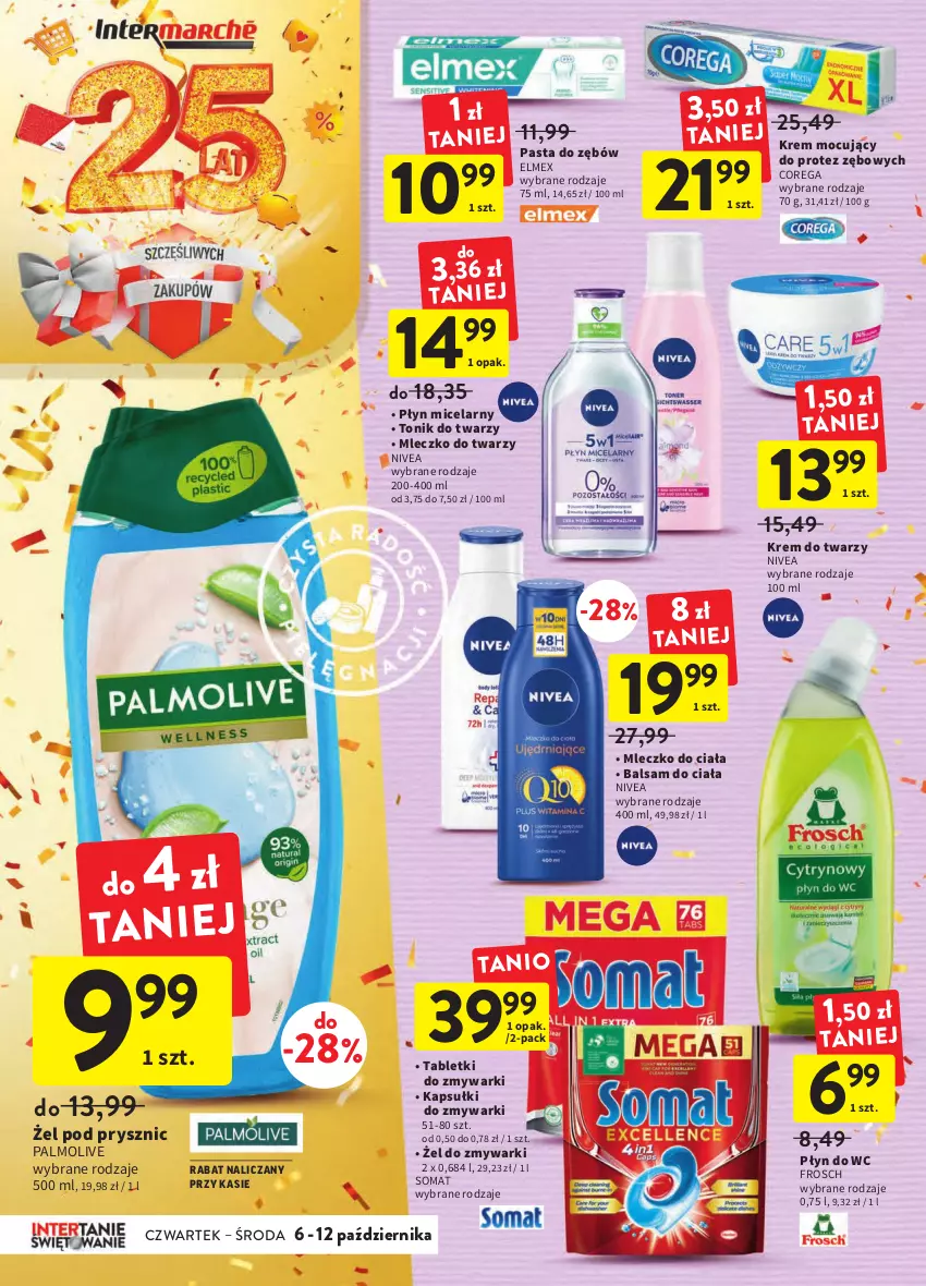 Gazetka promocyjna Intermarche - Gazetka Intermarche - ważna 06.10 do 12.10.2022 - strona 34 - produkty: Balsam do ciała, Corega, Elmex, Frosch, Krem do twarzy, Mleczko, Mleczko do ciała, Nivea, Palmolive, Pasta do zębów, Płyn do wc, Płyn micelarny, Somat, Tablet, Tabletki do zmywarki, Tonik, Tonik do twarzy, Zmywarki